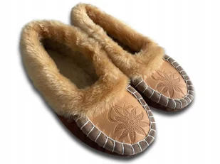 Bambosze Góralskie Domowe Kapcie Laczki Wełniane Ciepłe Skórzane r.35 - Kapcie damskie - miniaturka - grafika 1
