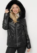 Kurtki damskie - Czarna Pikowana Kurtka z Kapturem Ozdobionym Futerkiem Caelara - miniaturka - grafika 1