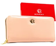 Portfele - Duży portfel damski różowy lakierowany ROVICKY elegancki typu piórnik na suwak - miniaturka - grafika 1