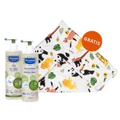 Kosmetyki kąpielowe dla dzieci - Zestaw Mustela Bio żel do mycia ciała i włosów 400 ml + woda micelarna bez spłukiwania 400 ml + pieluszka bambusowa gratis - miniaturka - grafika 1