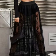 Spódnice - TEMU Elegancka długa spódnica koronkowa 252# z kontrastowymi detalem koronkowymi Rozszerzany dół, luźny krój, idealna na wiosnę//jesień - miniaturka - grafika 1