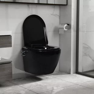 VidaXL Wisząca toaleta bez kołnierza, funkcja bidetu, ceramika, czarna - Miski WC - miniaturka - grafika 1