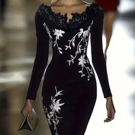 Sukienki - TEMU Elegancka Czarna Sukienka z Koronką i Haftem, Jednokolorowa Koronka z Dekoltem w Serek, Obcisła Sukienka z Długim Rękawem i Srebrzysto-Białym - miniaturka - grafika 1