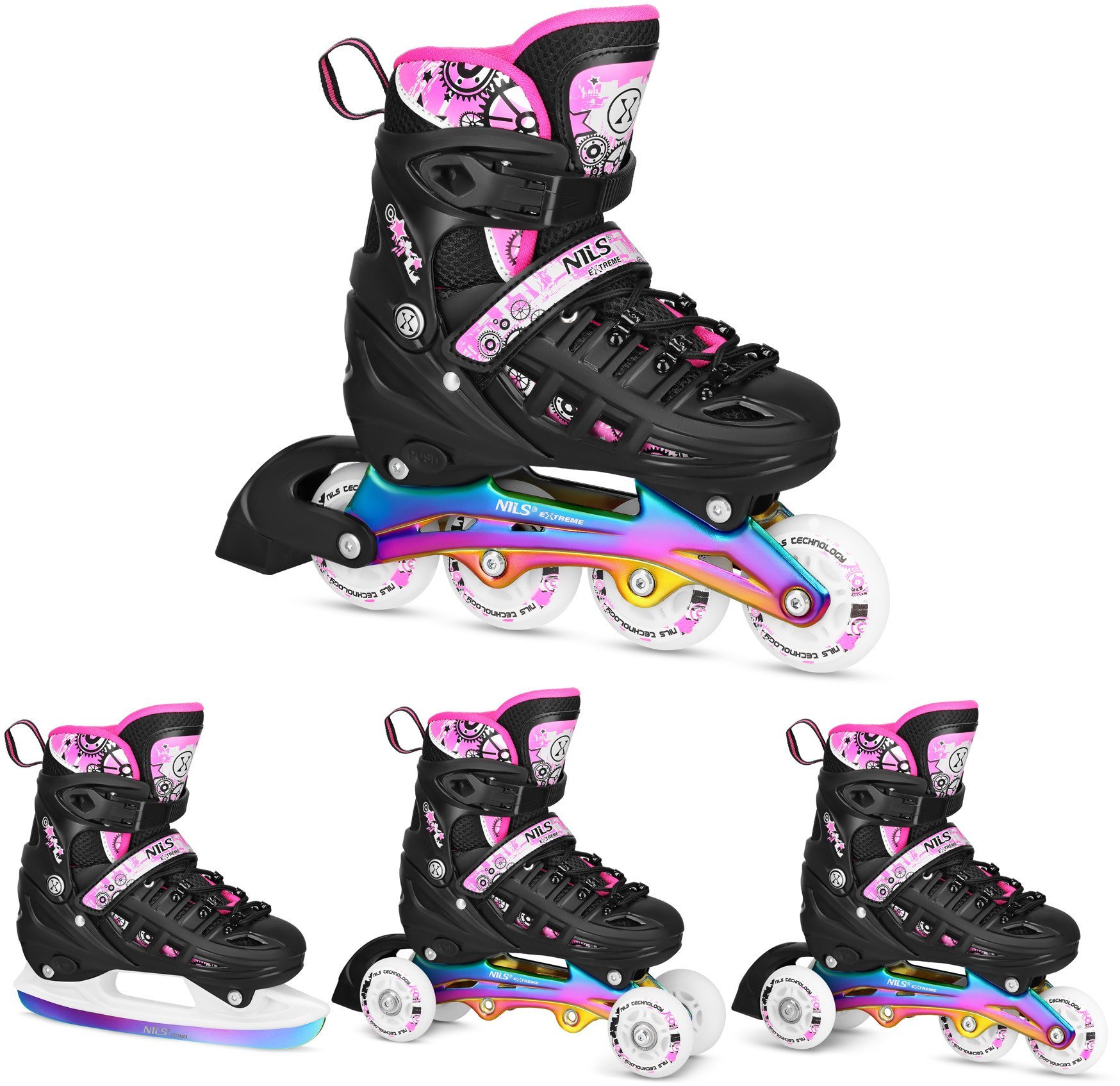 NH10905 4w1 ŁYŻWOROLKI LED RÓŻOWE Z WYM. PŁOZĄ HOKEJOWĄ RAINBOW ROZM. L39-42 NILS EXTREME