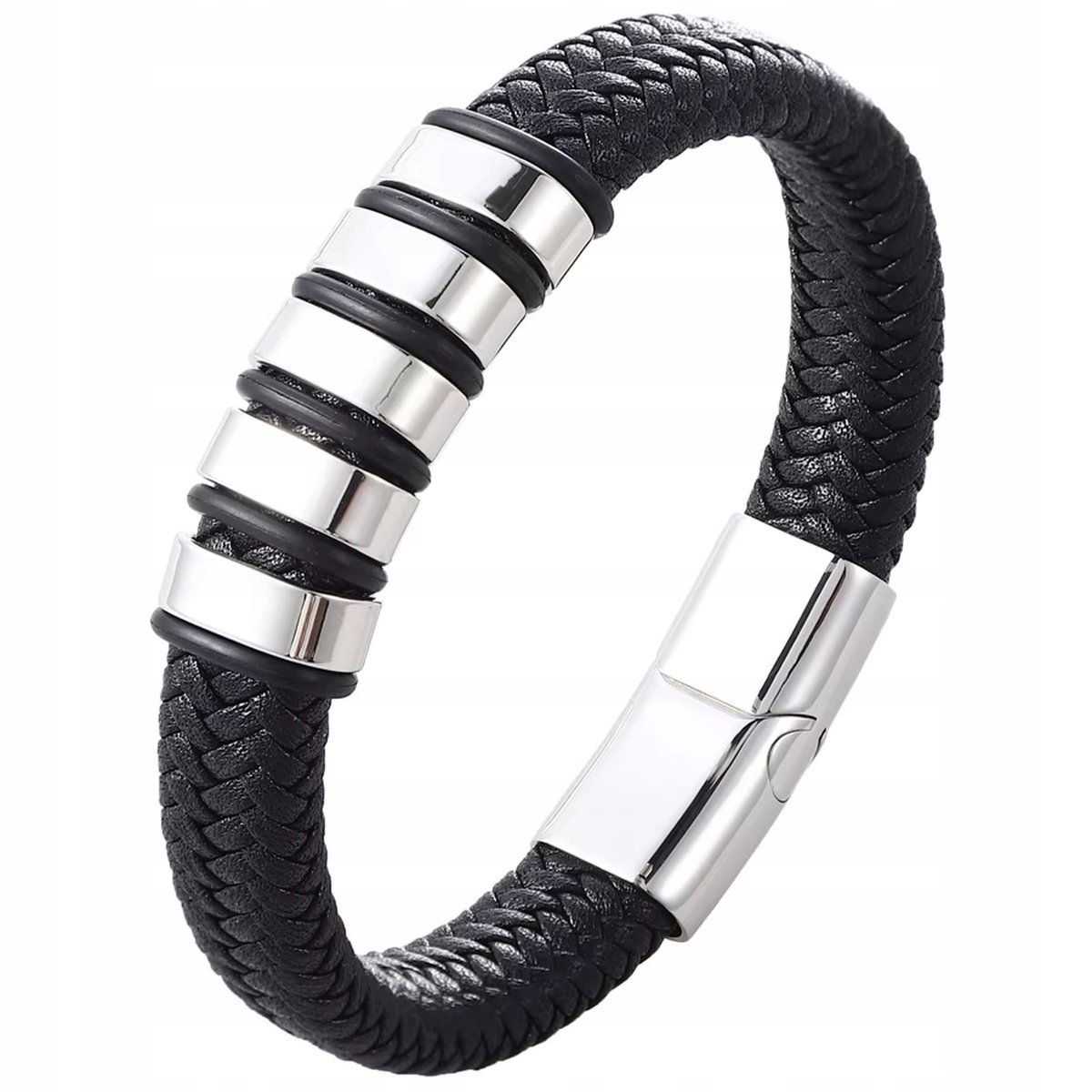 SREBRNA BRANSOLETKA MĘSKA SKÓRZANA MAGNETYCZNA CZARNA STAL CHIRURGICZNA 316