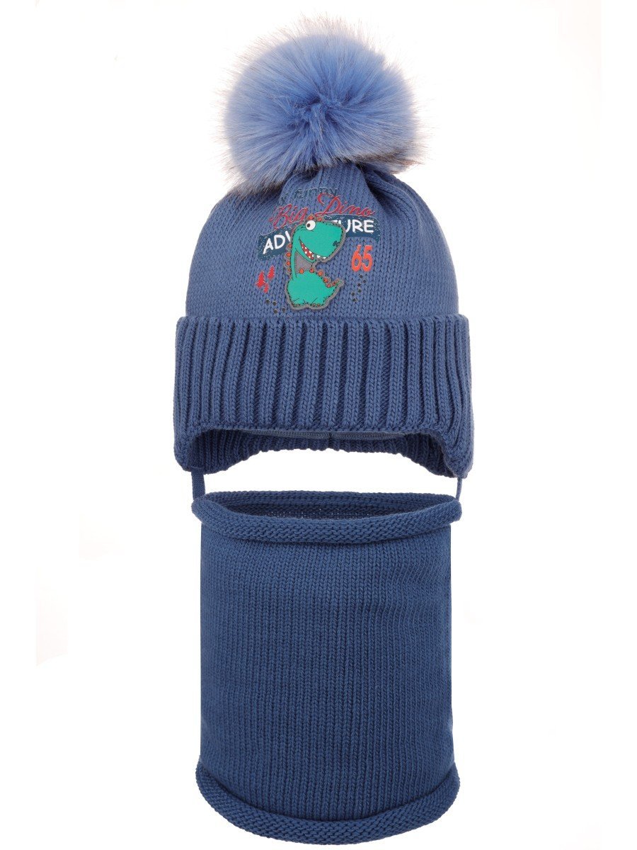 Chłopięcy komplet zimowy czapka i komin dinozaur niebieski Ambra r.46/48