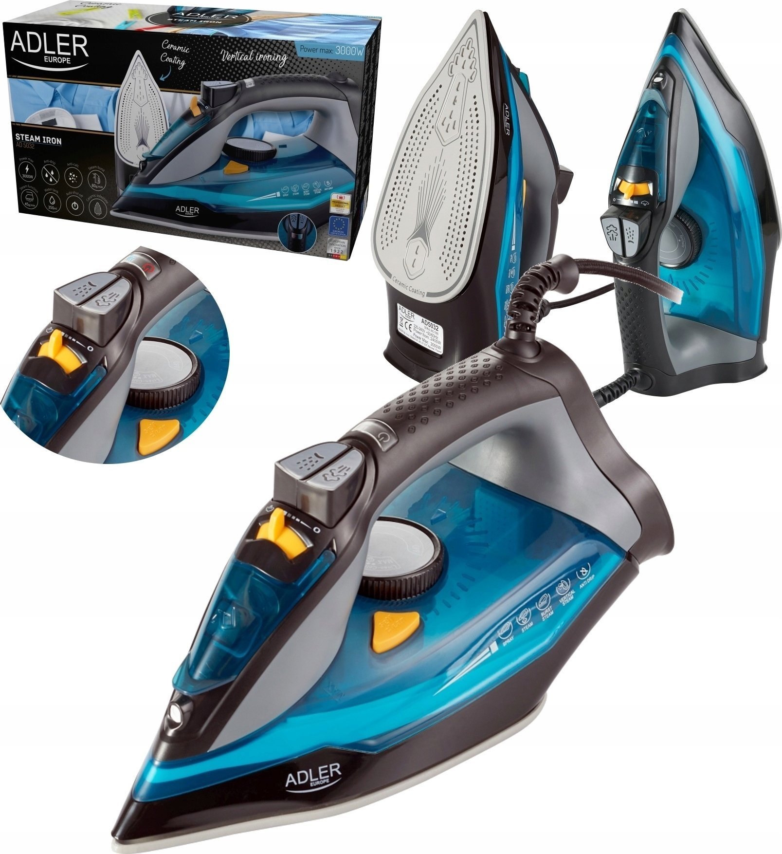 Adler Żelazko Parowe 3000W Strażak Anti-Calc Anti-Drip