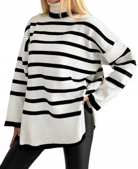 SHEIN SWETER DAMSKI BEŻOWY W PASKI Z DŁUGIM RĘKAWEM M ŁUF