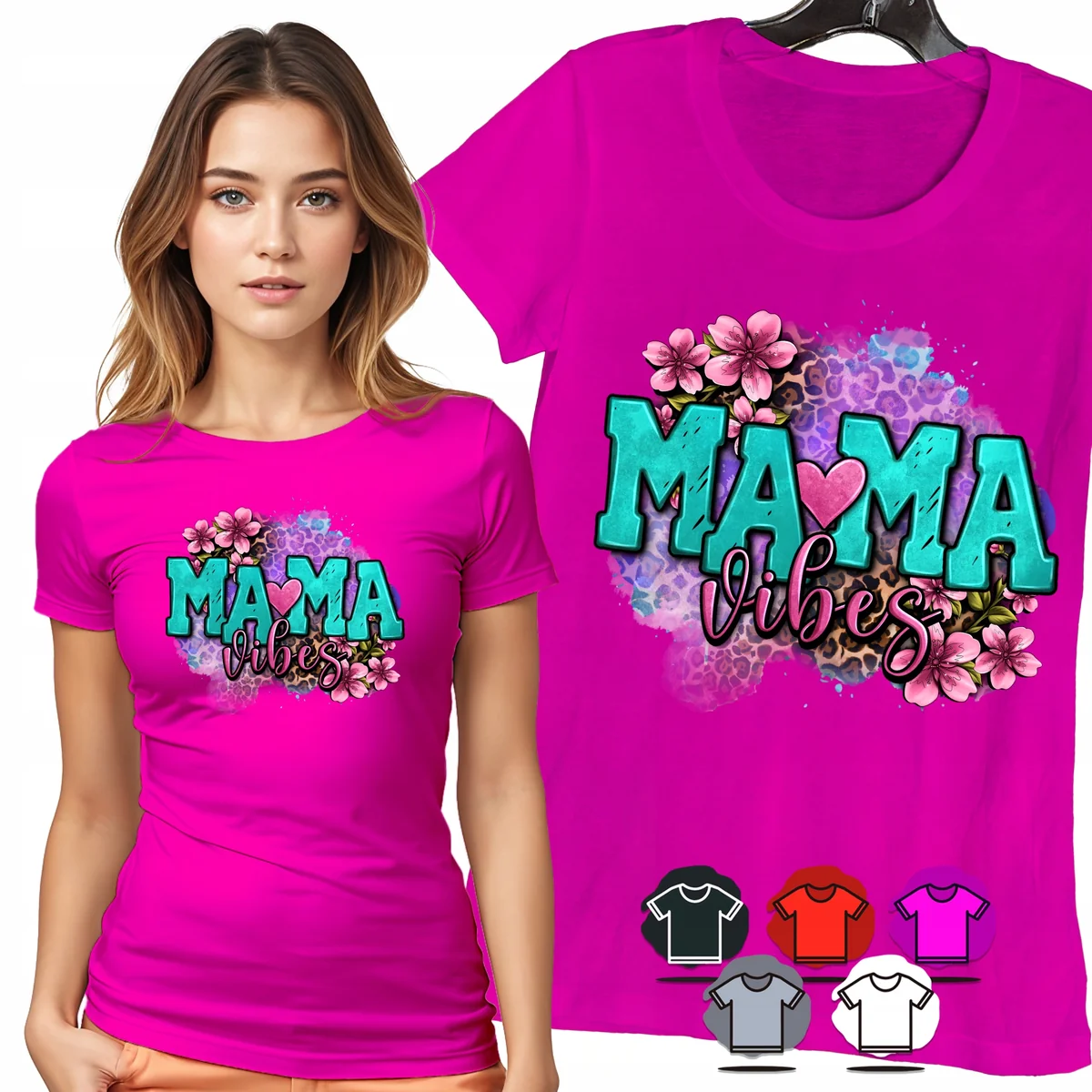 KOSZULKA DAMSKA T-SHIRT - MAMA VIBES KWIATY KOLOROWY NAPIS PREZENT - 3XL