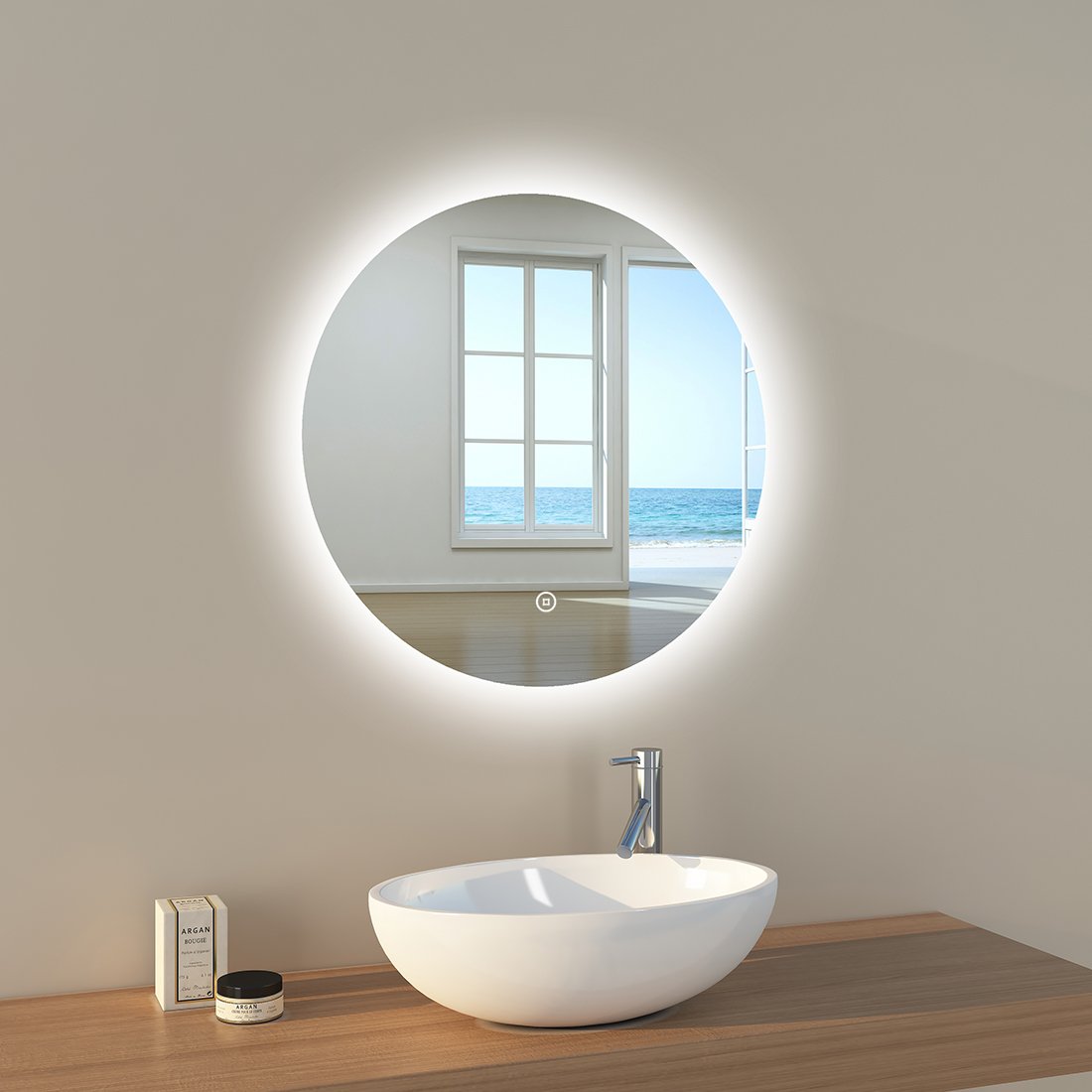 Lustro łazienkowe EMKE LED Lustro łazienkowe z oświetleniem Okrągłe 60 cm Lustro podświetlane z funkcją ściemniania i przełącznikiem dotykowym Energooszczędne lustro LED