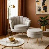 Fotele - Fotel Wypoczynkowy GRAND z Podnóżkiem Muszelka Szary Welurowy Glamour - miniaturka - grafika 1