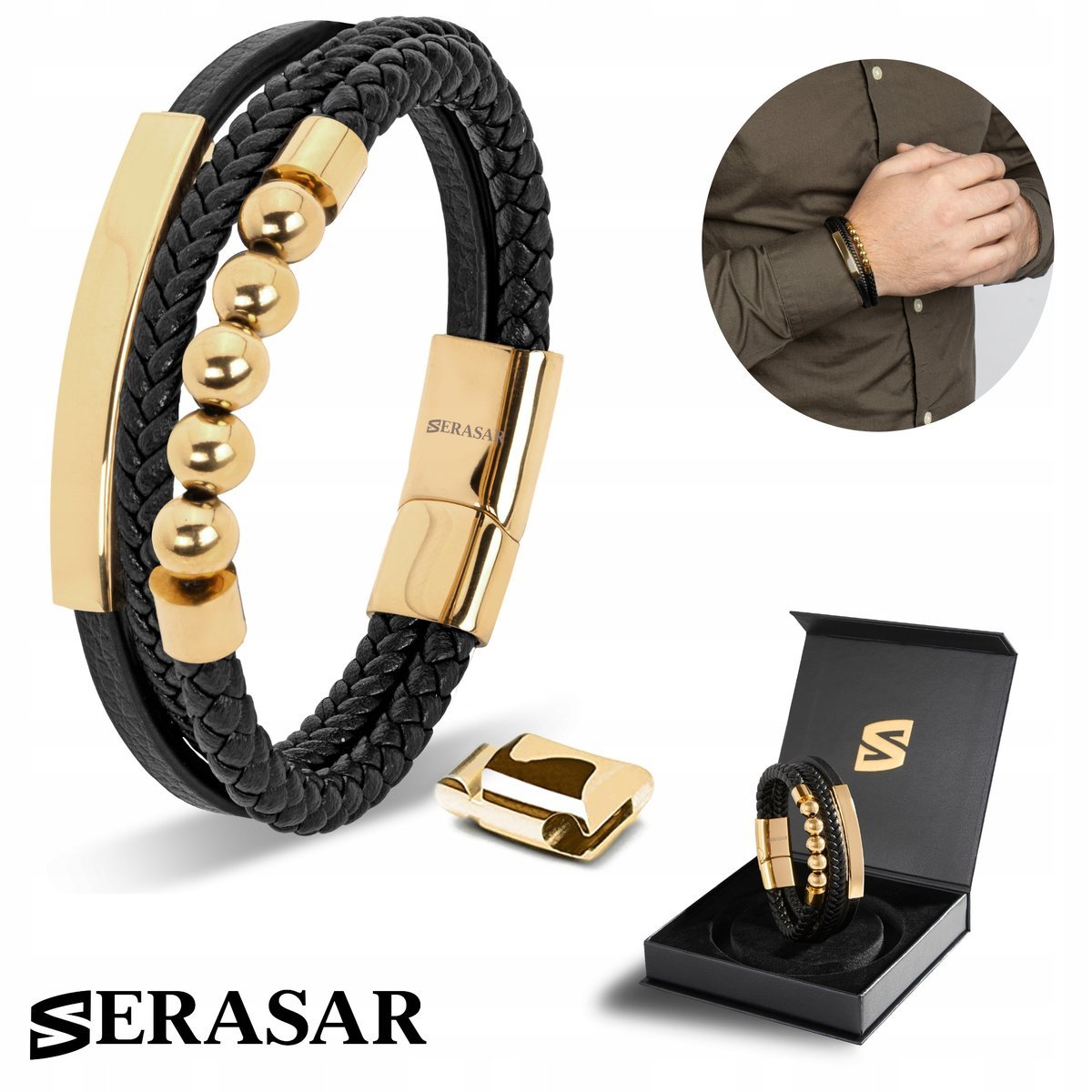 SERASAR, męska skórzana bransoletka „Perła”, złoto, 20 cm, ze stalowym zapięciem magnetycznym, w zestawie pudełko prezentowe