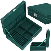 Pudełka i szkatułki - Szkatułka Na Biżuterię 28X19,5X7 Cm Zielony Kuferek Z Przegródkami Welurowy - miniaturka - grafika 1