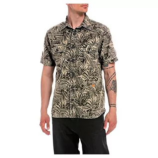Koszule męskie - Replay Męska koszula z krótkim rękawem z mieszanki bawełny, Piaskowy z nadrukowanymi liśćmi 020, L - grafika 1