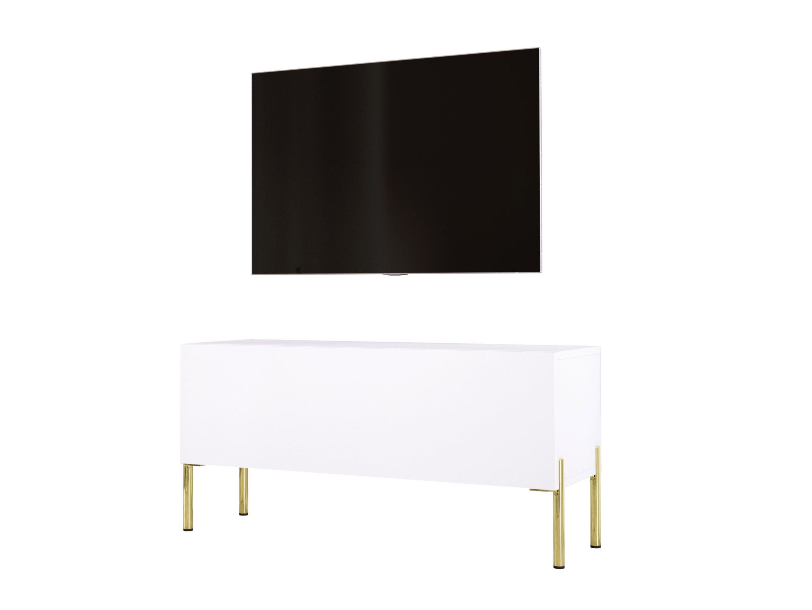 Szafka pod telewizor w kolorze białym matowym z nogami w kolorze złotym, A: szer: 100 cm cm, wys: 52 cm, gł: 32 cm. Meble pod telewizor, stolik pod telewizor, ława pod telewizor