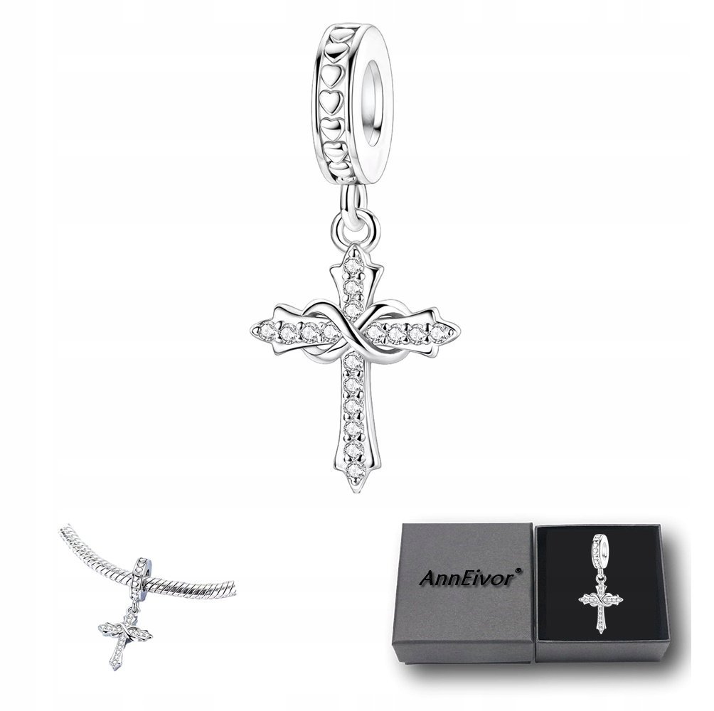 Zawieszka Koralik Modułowy Srebrny S925 Krzyżyk Kryształki Wiara Nadzieja