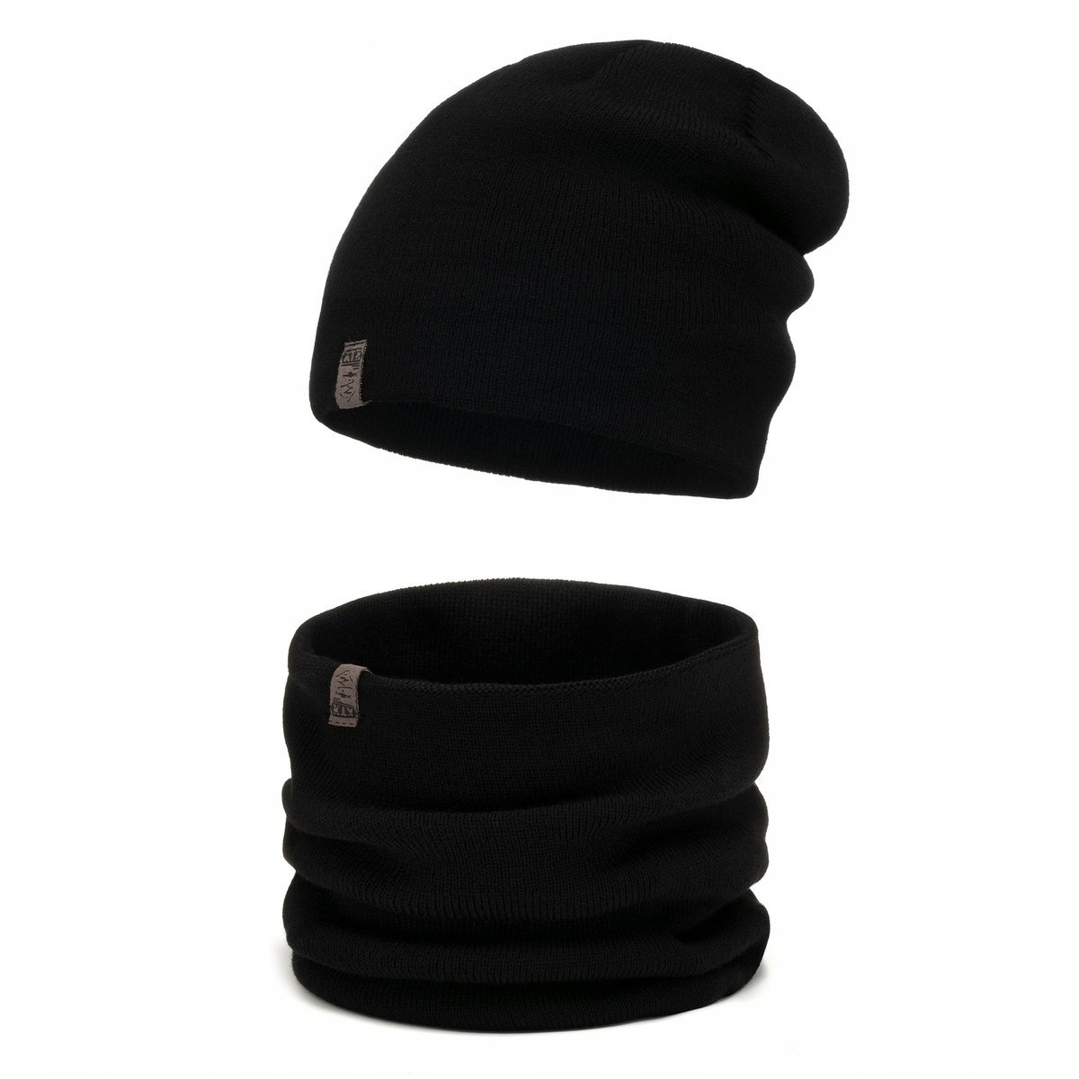 Czarny MODNY gładki komplet Czapka z kominem jesienno zimowy ZESTAW UNI M2