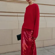 Spódnice - TEMU Elegancka długa sukienka damska w stylu syreny z cekinami - 100% tkanina, jednolity z kontrastowymi detalem cekinowymi, idealna na wiosnę, i - miniaturka - grafika 1