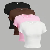 Bluzki damskie - TEMU Modny Zestaw Koszulek Damskich z Krótkim Rękawem, Dopasowany Fason, Casual Styl, Wielokolorowy 4 Sztuki - miniaturka - grafika 1