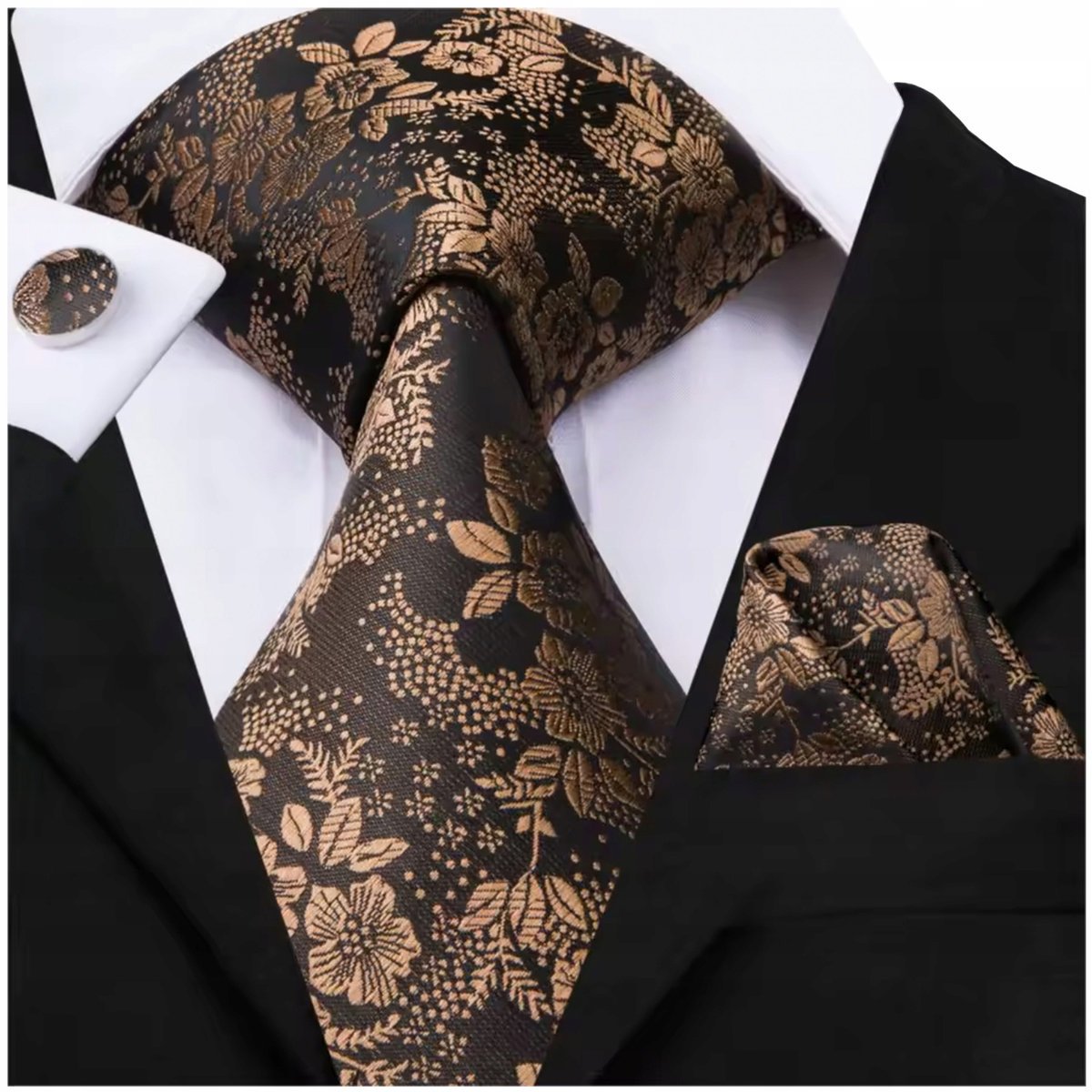 Żakardowy zestaw - krawat + poszetka + spinki