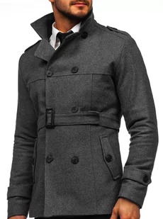 Szary płaszcz dwurzędowy z paskiem męski zimowy z wysokim kołnierzem Denley 0009 - Płaszcze męskie - miniaturka - grafika 1