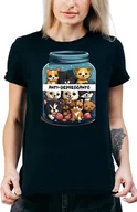 Koszulki i topy damskie - T-SHIRT DAMSKI Z NADRUKIEM KOTY PSY ŚMIESZNA KOSZULKA CZARNA R-XXL A313 - miniaturka - grafika 1
