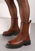 Botki damskie - Brązowe Płaskie Botki z Wiązaniem z Przodu Laorae - miniaturka - grafika 1
