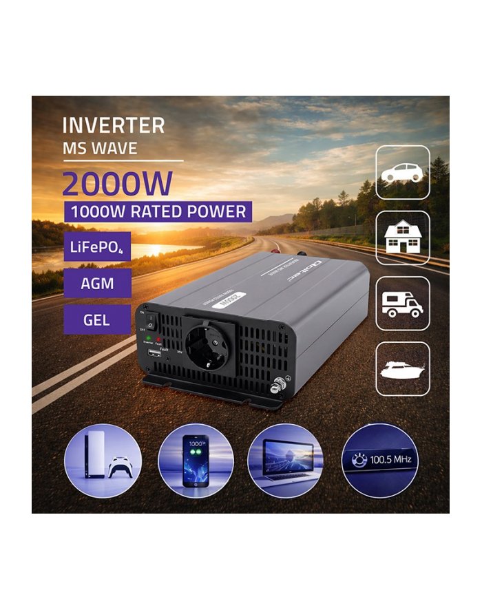 qoltec Przetwornica napięcia MS Wave 12V na 230V 1000/2000W