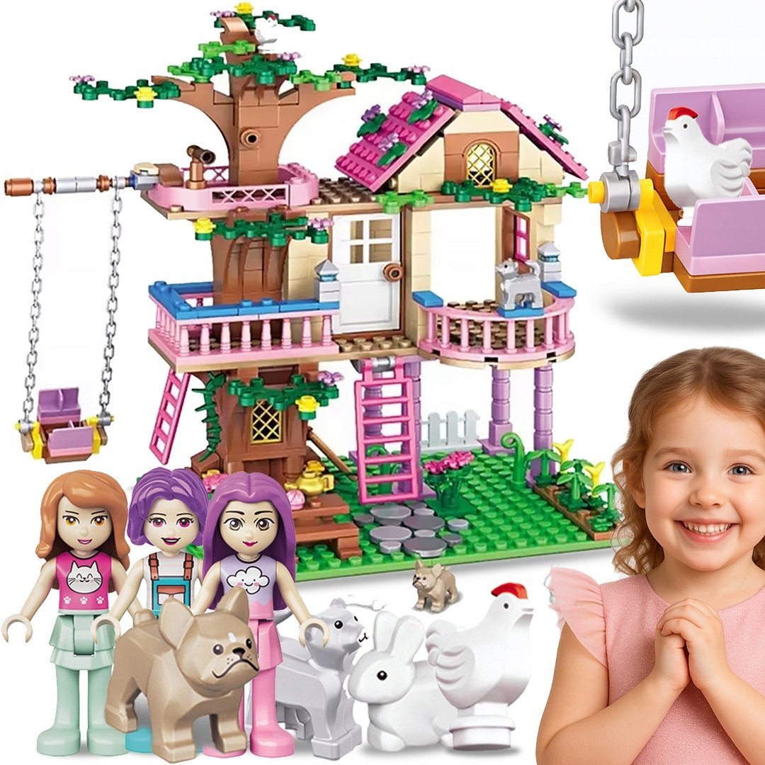 KLOCKI KONSTRUKCYJNE DOMEK NA DRZEWIE 504 el. 3 FIGURKI 4 ZWIERZĄTKA 8+