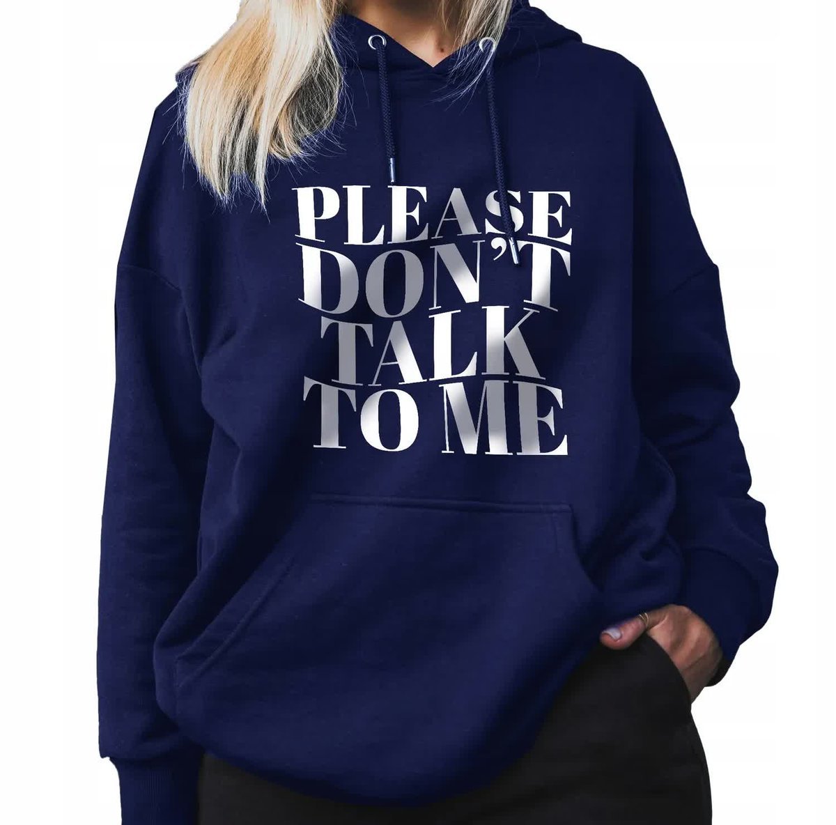 GRANATOWA BLUZA DAMSKA Z Kapturem PLEASE DON'T TALK Lyrics Wzory Rozmiar S
