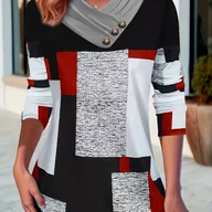 Bluzki damskie - TEMU Kobieca Elegancka Koszulka z Geometrycznym Wzorem Kolorów - Czarny, Biały i Czerwony Abstrakcyjny Wzór, Długi Rękaw Okrągły Dekolt, Uniwersalna - miniaturka - grafika 1