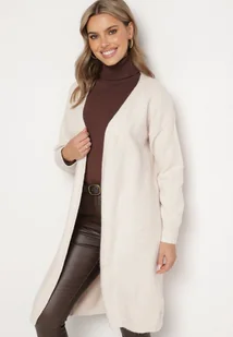 Jasnobeżowy Klasyczny Długi Kardigan Niezapinany z Wełną Zozila - Swetry damskie - miniaturka - grafika 1