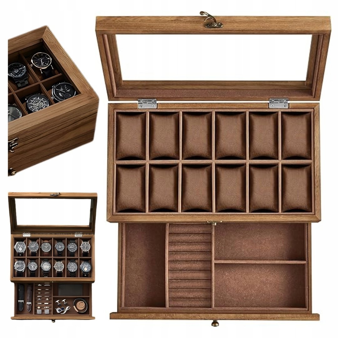 DREWNIANE PUDEŁKO NA BIŻUTERIĘ Z AKSAMITNĄ TACĄ ORGANIZER 2-POZIOMOWY ETUI