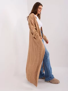 Swetry damskie - Kardigan camelowy casual narzutka rękaw długi długość długa kieszenie - grafika 1