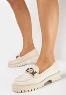 Mokasyny damskie - Beżowe Mokasyny z Imitacji Zamszu z Klamerką Callipenia - miniaturka - grafika 1