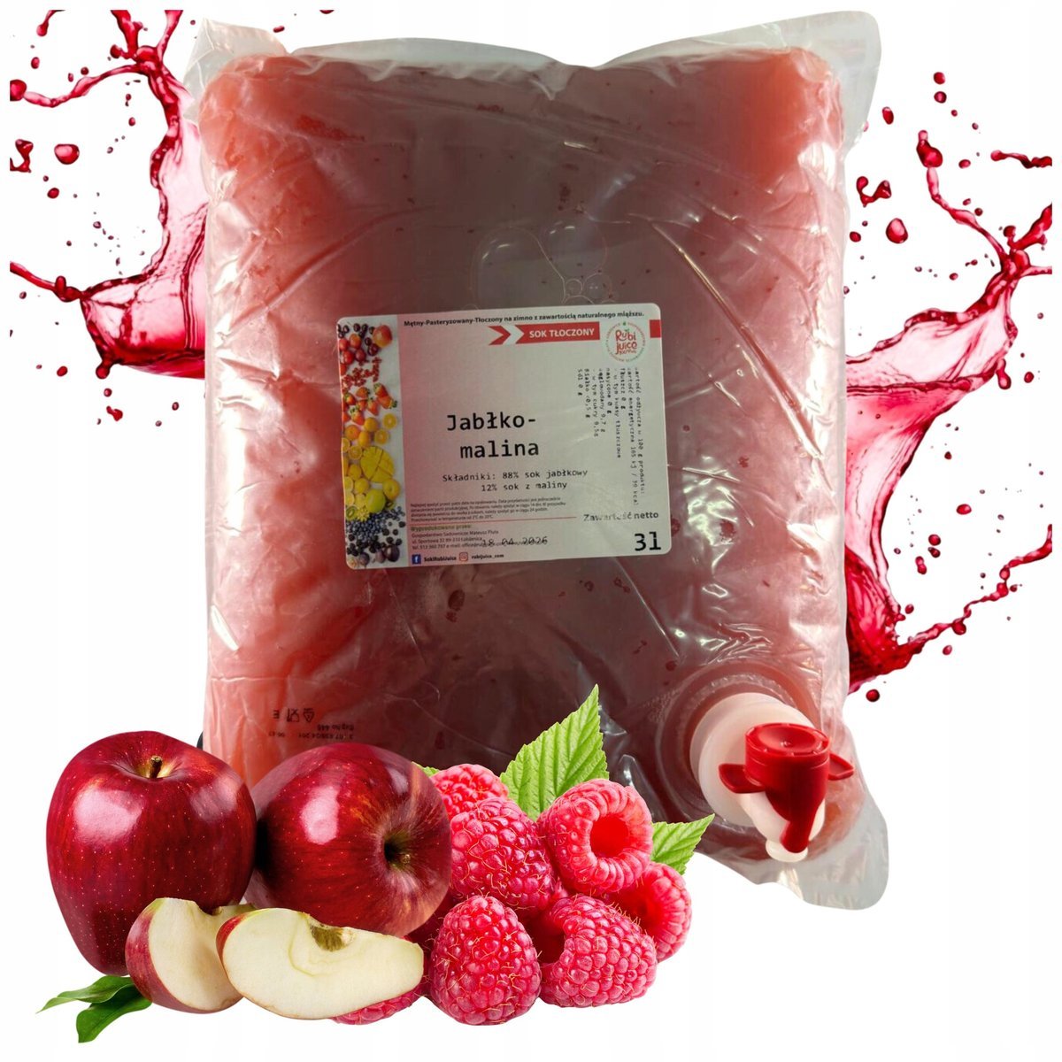 SOK JABŁKOWY malinowy 3L 100% NFC tłoczony naturalny bez dodatku cukru
