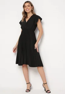 Czarna Rozkloszowana Sukienka Midi z Kopertową Górą i Plisowanym Dołem Alissu - Sukienki - miniaturka - grafika 1