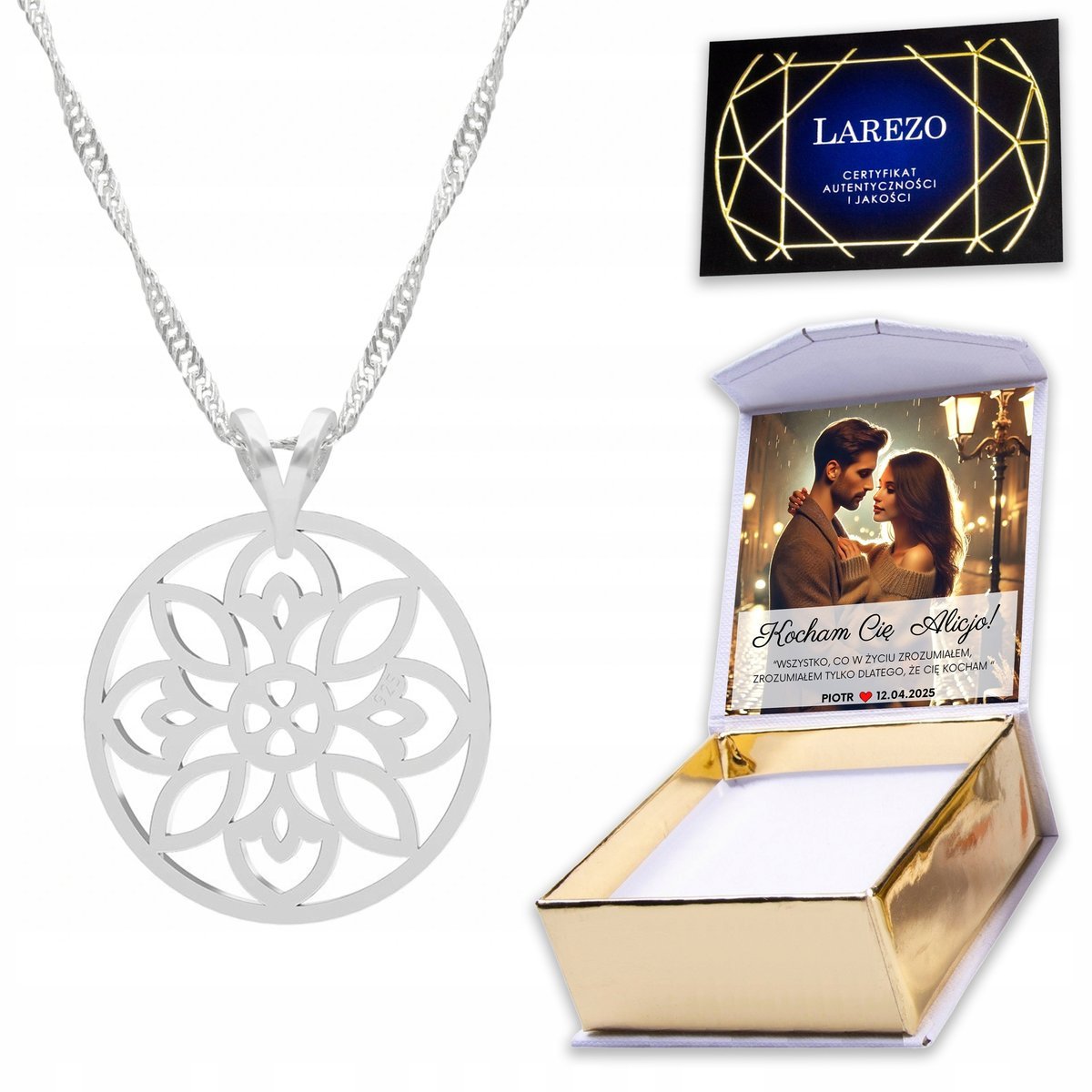 Naszyjnik Srebrny 925 z Kwiatem Ażurowym Roślina Ażurowy Kwiat + NADRUK