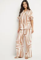 Komplety damskie - Beżowy Komplet Oversize z Lnem Koszula z Krótkim Rękawem i Szerokie Spodnie Mirolena - miniaturka - grafika 1