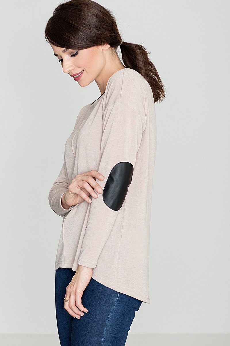 Sweter z długim rękawem z łatami - Beżowy K118 rozmiar XL