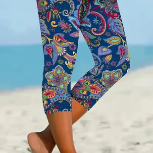 TEMU Legginsy dla Kobiet z Wzorem Paisley - Elastyczne, z Elastycznym Pasem, Styl Casual, Możliwość Prania w Pralce, Idealne na Plażę i Codzienne - Inne - miniaturka - grafika 1