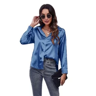 Koszule damskie - Clotth Damska koszula z długim rękawem z satynowego jedwabiu Button Down Shirt, Blue-XXL, XXL - grafika 1