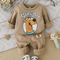 Dresy i komplety dla chłopców - TEMU 2 szt. Zestaw polarowy dla chłopców na jesień i zimę { Bros.} Oficjalnie licencjonowany wzór Scooby-Doo! i dzianinowy polar w kolorze khaki, - miniaturka - grafika 1