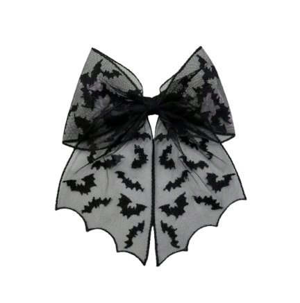 Spinka do Włosów Koronkowa Kokarda Halloween Czarna z Nietoperzami