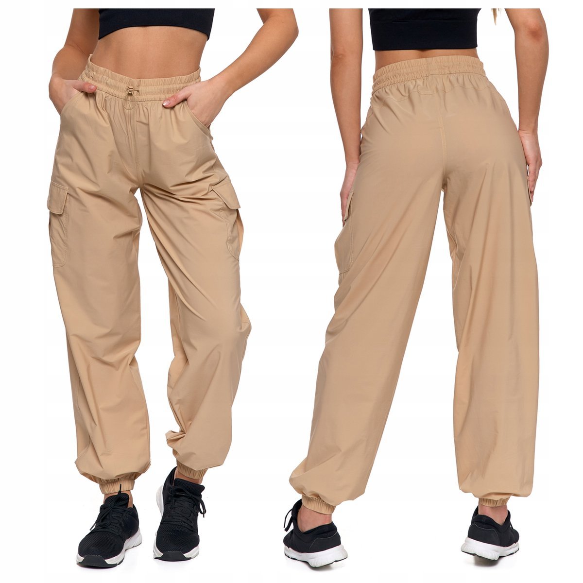 Luźne SPODNIE DAMSKIE PARACHUTE BOJÓWKI Cargo Baggy Wysoki Stan MORAJ r. L