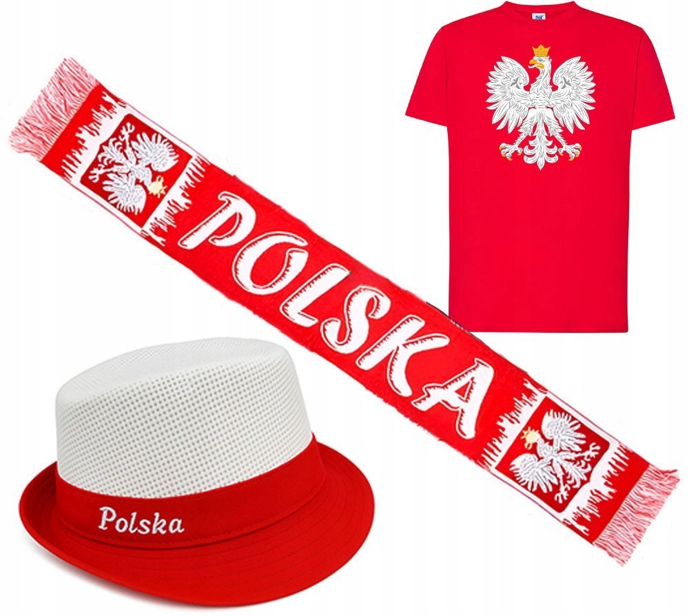 ZESTAW DLA KIBICA POLSKI KOSZULKA +SZALIK + CZAPKA GODŁO FLAGA