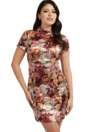 GUESS SUKIENKA MINI Z KRÓTKIM RĘKAWEM W KWIATY Z ZAMKIEM 46 1GŁA