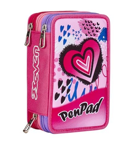 Piórnik z 3 przegródkami Seven PEN PAD, różowy, potrójny przedział, zestaw ołówków, markerów, kolorów, akcesoria do plecaka, podstawowe, średnie, wyższe, dla dziewczynek i dziewcząt, Różowy, Taglia