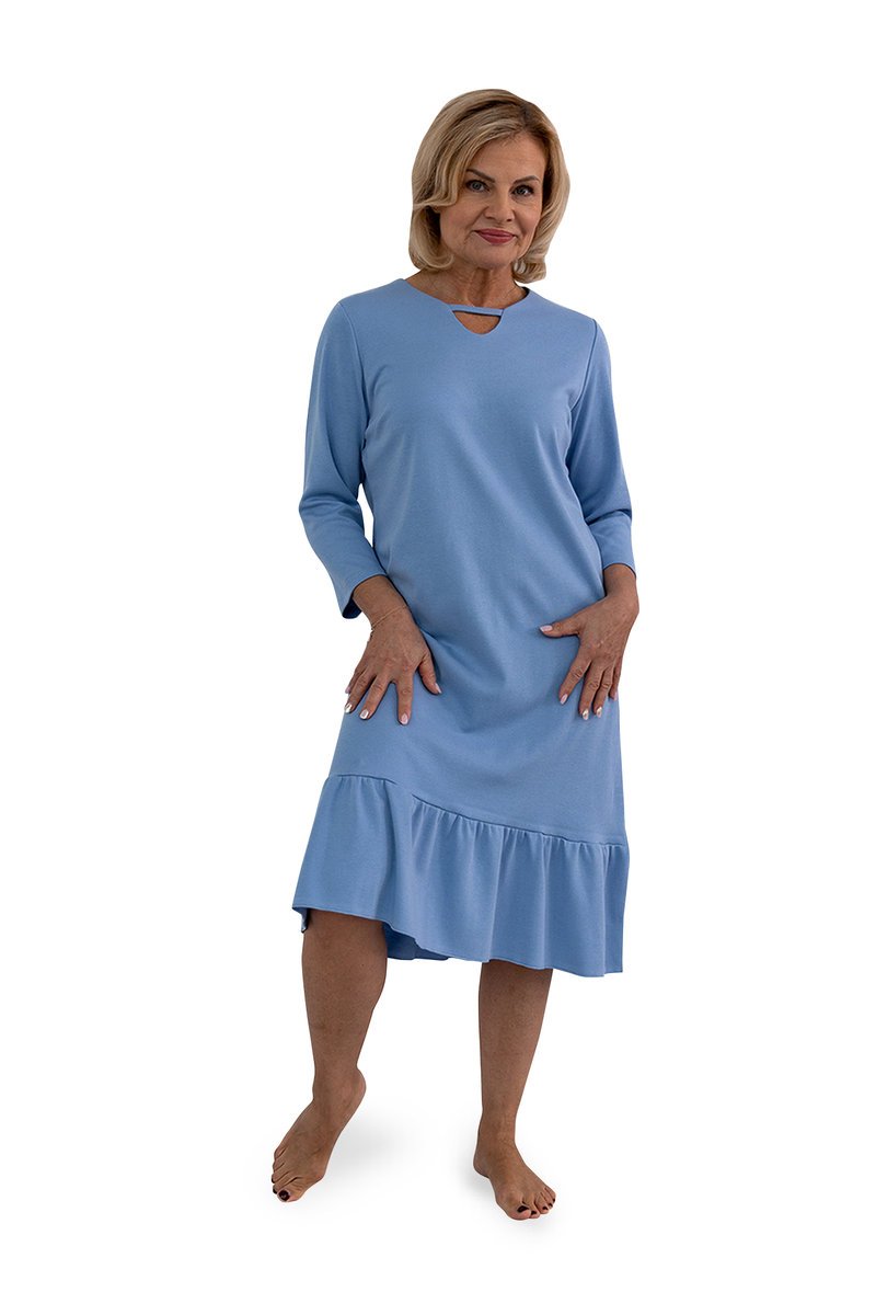 Koszula Nocna Damska 2Xl Długa Rękaw 3/4 Bawełniana Elegancka Niebieska