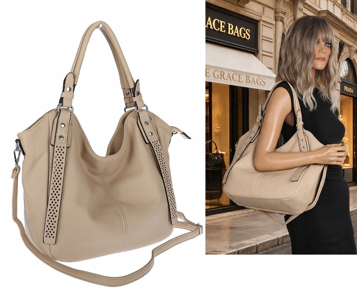 Torebka damska shopper worek listonoszka pojemna na ramię LH6004 Beżowa